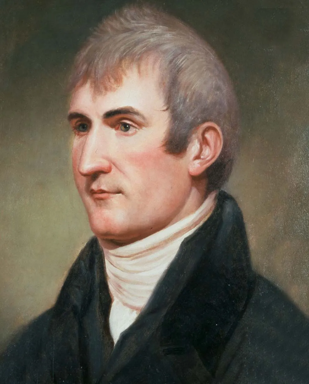 Oil portrait of Meriwether Lewis in dark coat, head and shoulders, by Charles Willson Peale, c. 1807.