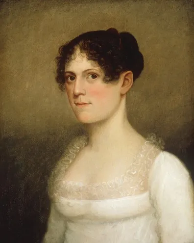 Oil-on-panel portrait of a young woman in an Empire-line white dress with lace trim, dark hair pinned up with front curls, head and shoulders.