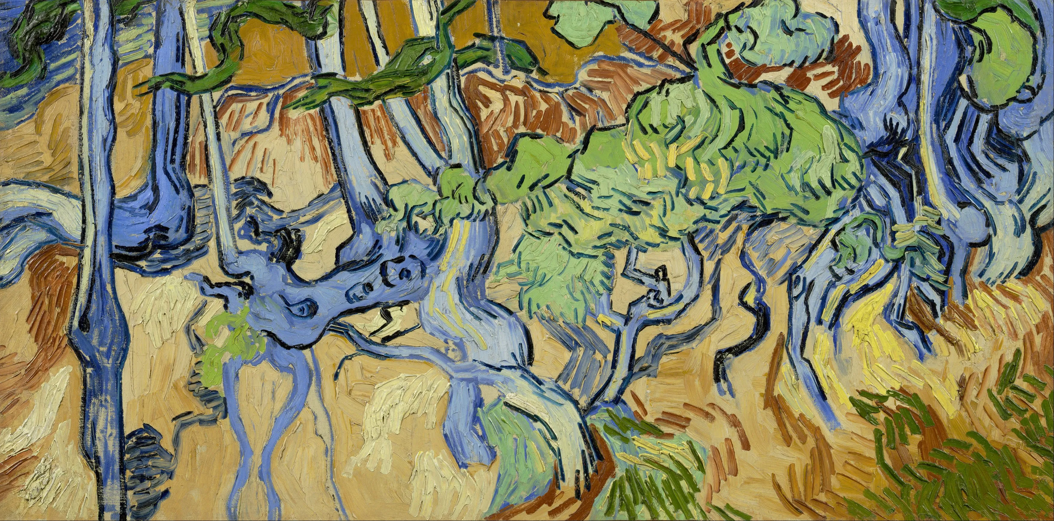 Oil painting of a steep hillside of intertwined tree roots and trunks in vivid blue, green, and ochre, by Vincent van Gogh, July 1890.