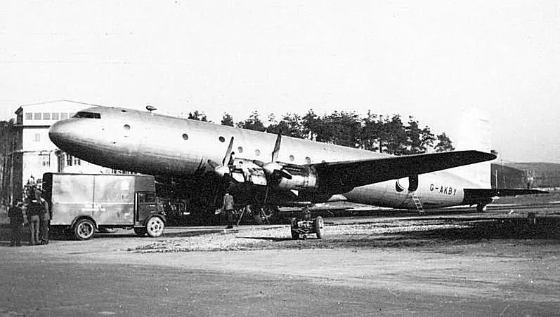 Avro Tudor V four-engine piston airliner on a wartime airfield.