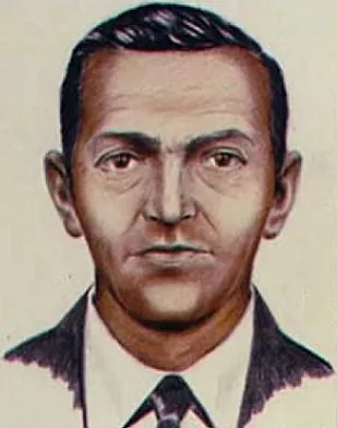 FBI composite sketch of D.B. Cooper, a man in a dark suit and tie, drawn from witness descriptions.