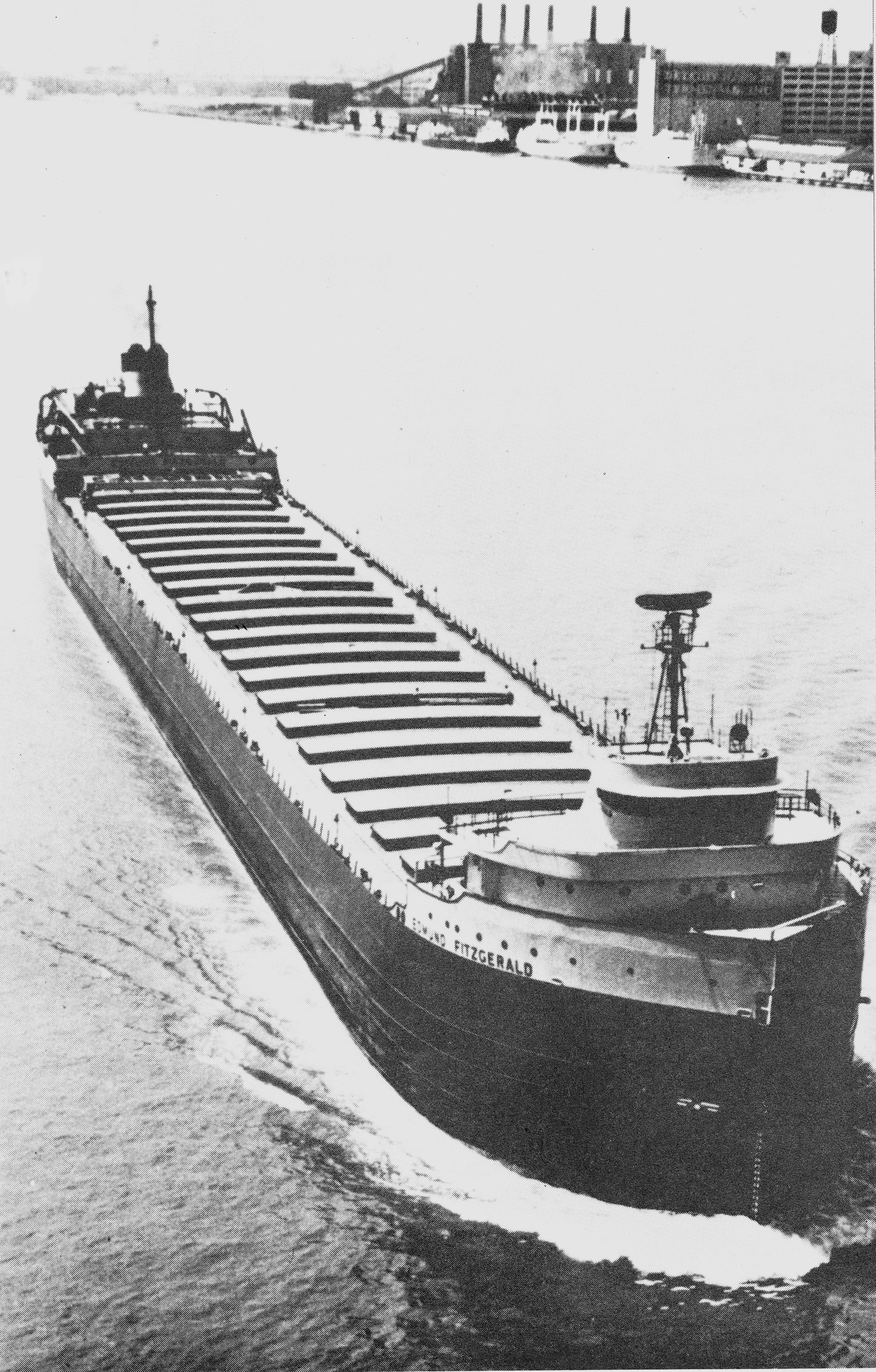 Black-and-white US Coast Guard photograph of the SS Edmund Fitzgerald upbound and in ballast on a Great Lake.