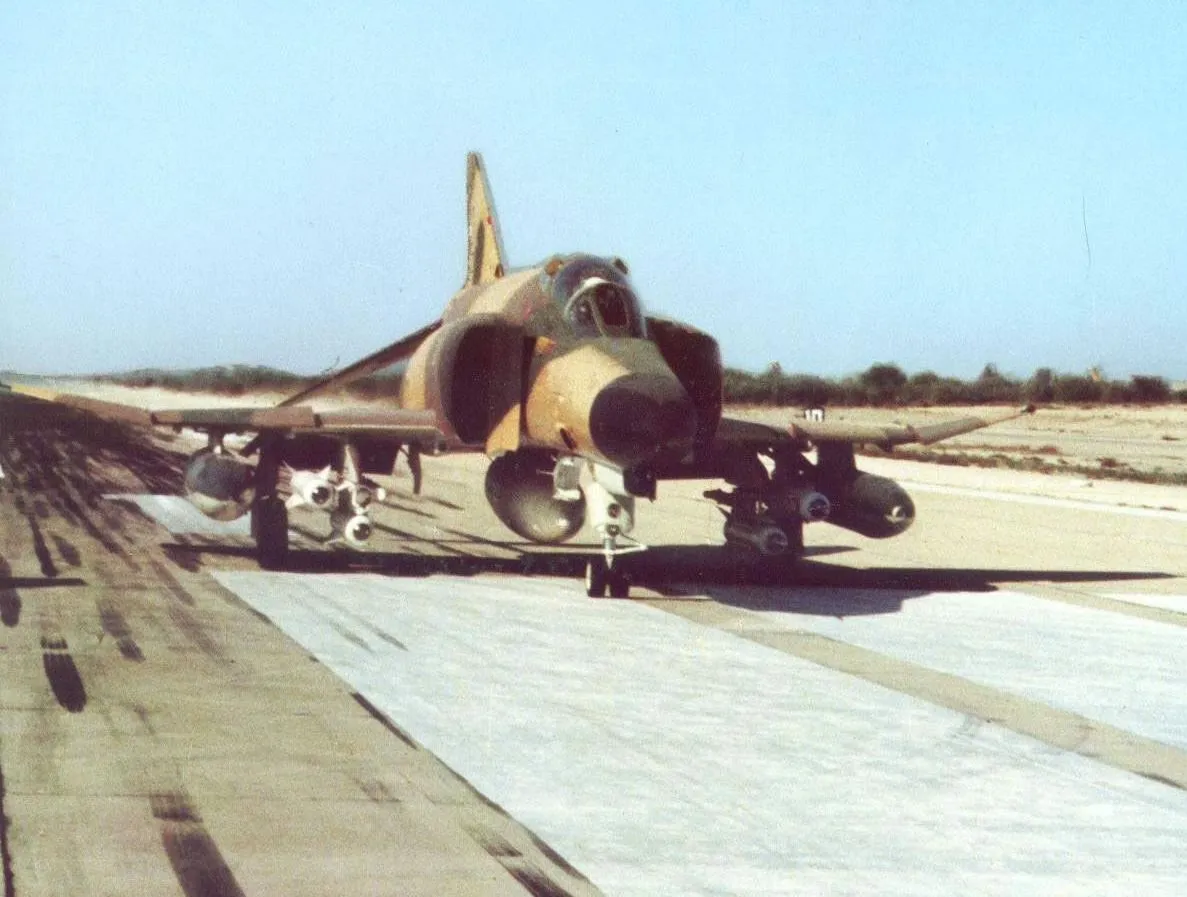 Imperial Iranian Air Force F-4E Phantom II fighter armed with an AGM-65 Maverick missile.